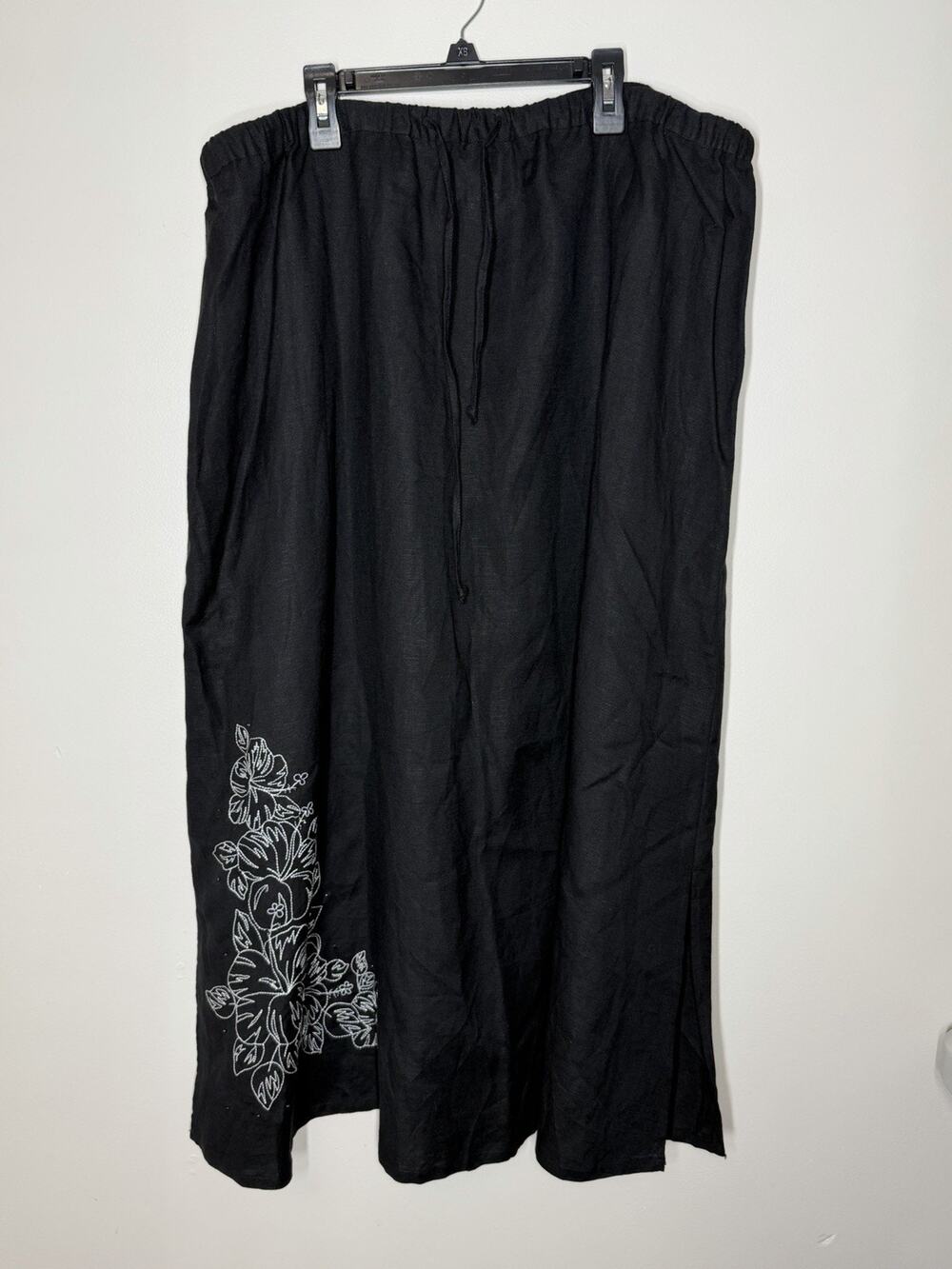 Islander Linen Blend Floral Embroidered Midi Skirt Size 1X Drawstring Side Slits